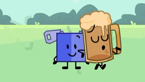 two cartoon characters are standing next to each other on a field .