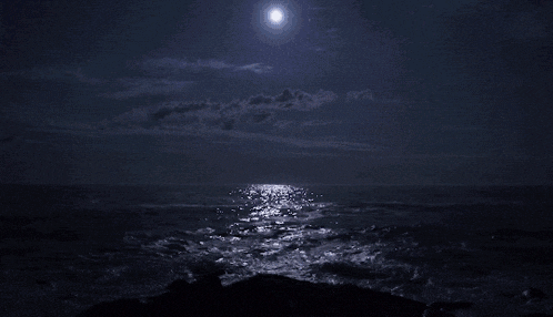 a full moon is reflected in the ocean at night