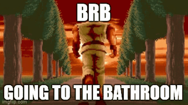 a cartoon of a man walking down a path with the words brb going to the bathroom below him