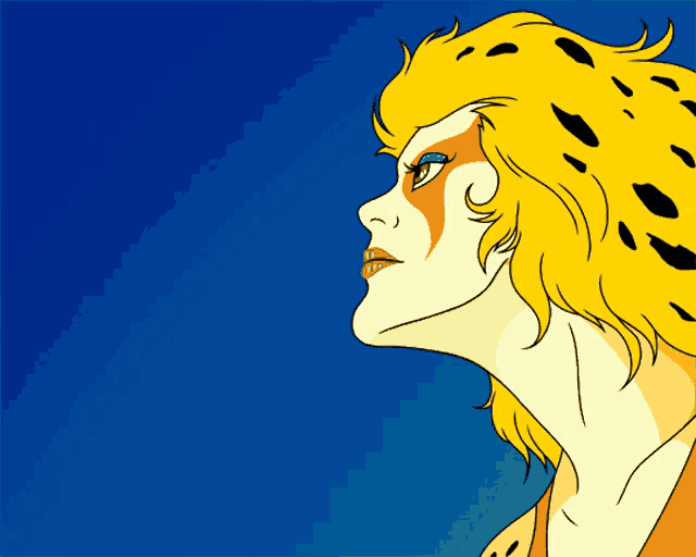a cartoon drawing of a cheetah with yellow hair and red eyes