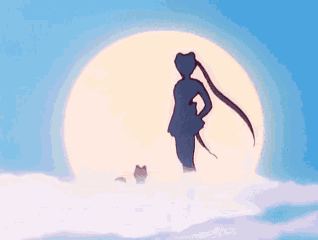 a silhouette of a woman standing in front of a full moon with a cat .