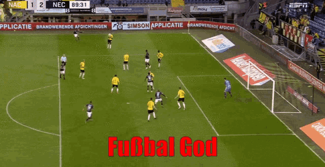 a soccer game is being played and the score is nec 1 nec 2