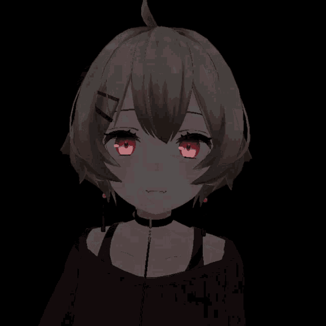 a girl with red eyes and a choker on her neck