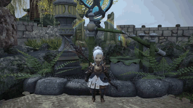 a little girl in a video game is standing in a garden