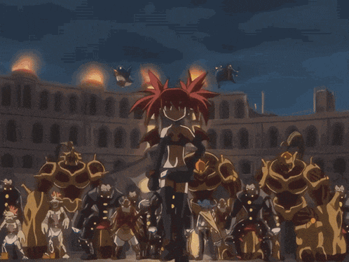 a girl with red hair and wings is standing in front of a fire explosion