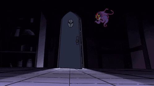 a cartoon drawing of a door with a purple monster in the background