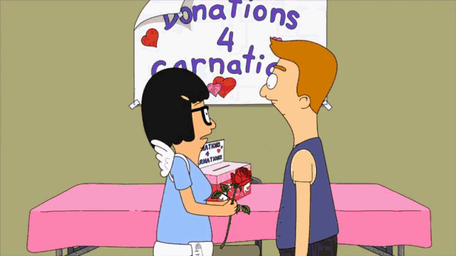 a man and woman are standing in front of a sign that says " donations 4 carnation "