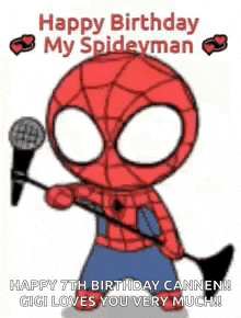 a cartoon of a spider man holding a microphone and singing into it .