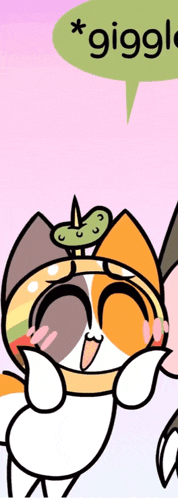 a cartoon cat with a pickle on its head and a speech bubble that says * giggle *