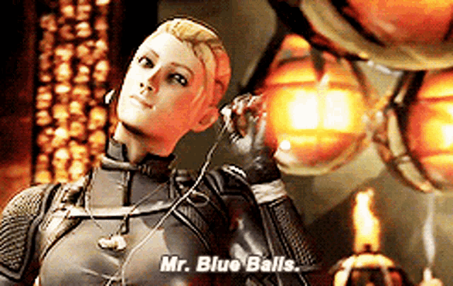 a video game character says " mr. blue balls " while wearing headphones