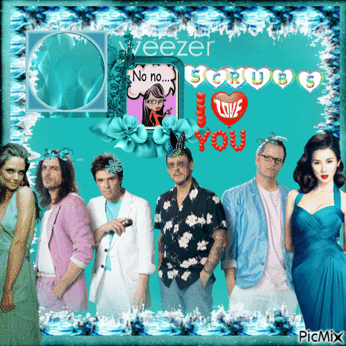 a group of people standing next to each other in front of a blue background that says ' weezer ' on it