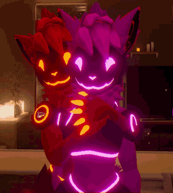 a couple of cartoon characters with glowing eyes