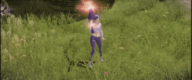 a woman is standing in a field of grass surrounded by lightning bolts
