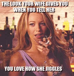 a woman talking on a cell phone with the caption " the look your wife gives you when you tell her you love how she giggles "
