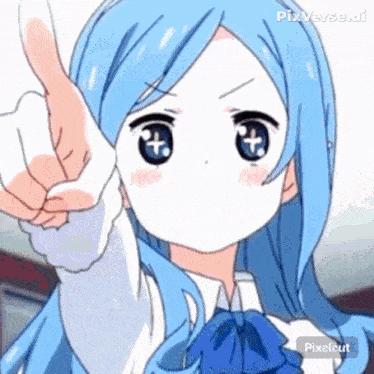 a girl with blue hair is pointing her finger at the camera .