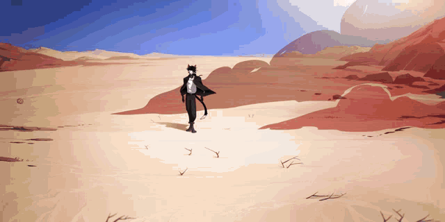 a drawing of a man in a suit walking through a desert