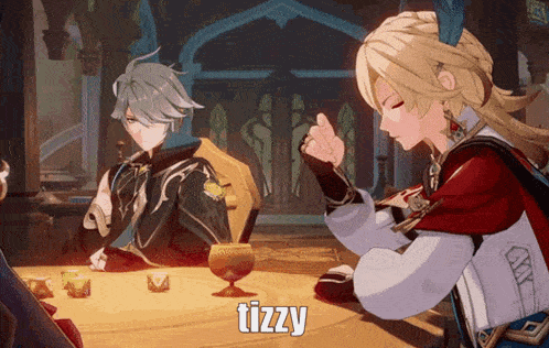 two anime characters are sitting at a table and the word tizzy is on the bottom right