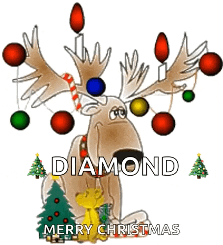 a cartoon reindeer with christmas decorations on its antlers is sitting next to a dog and a christmas tree .