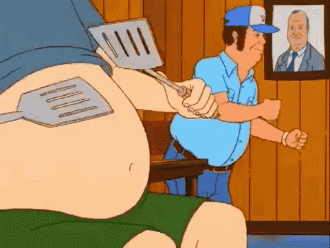 a cartoon of a man holding a spatula over another man 's stomach .