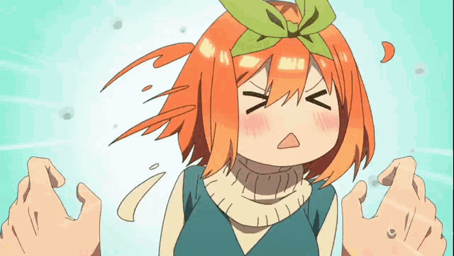 a girl with orange hair and a green bow on her head is making a funny face
