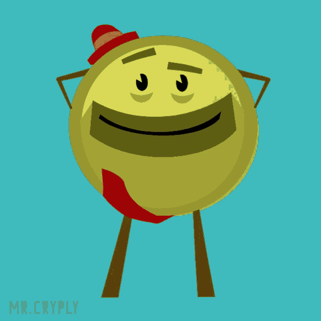 a cartoon illustration of a yellow smiley face with arms and legs and the words mr.cryply below it