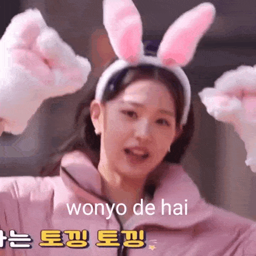 a girl wearing bunny ears and paws with the words wonyo de hai written below her .