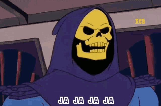 a cartoon of a skeleton with the words ja ja ja ja written below him