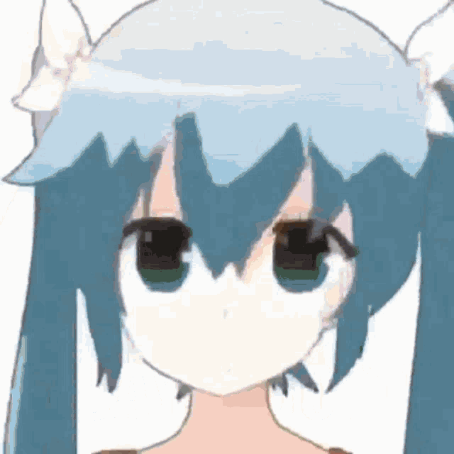 a cartoon girl with blue hair and green eyes