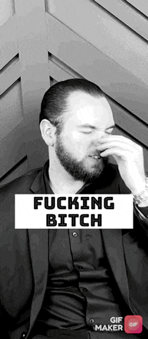a black and white photo of a man covering his nose with his hand and the words fucking bitch on the bottom