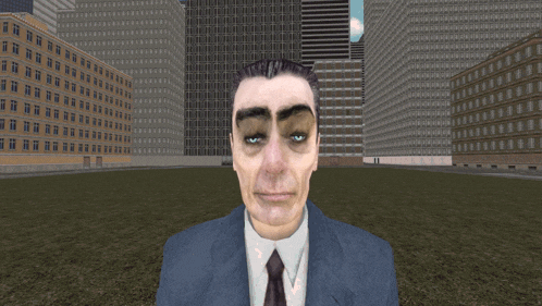 a man in a suit and tie is making a funny face in front of tall buildings