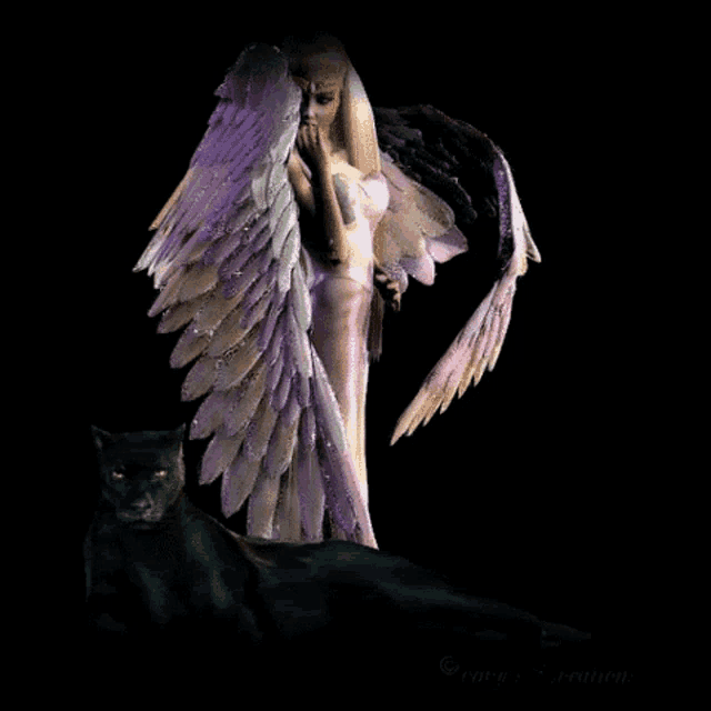 a woman with purple wings is standing next to a black panther