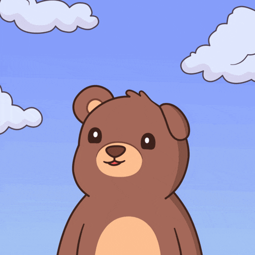 a brown teddy bear stands in front of a blue sky with white clouds