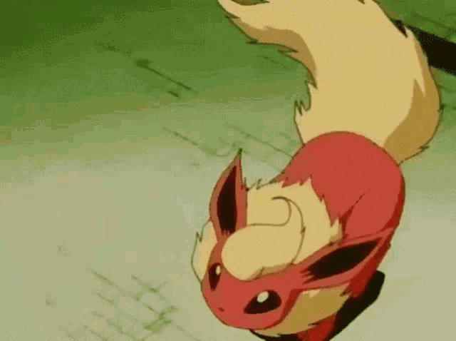 a cartoon eevee with a long tail is standing on the ground .