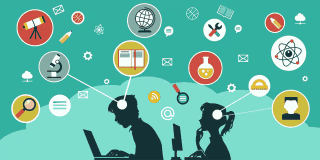 an illustration of a boy and a girl using a computer