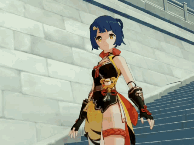a cartoon character with blue hair is standing on stairs
