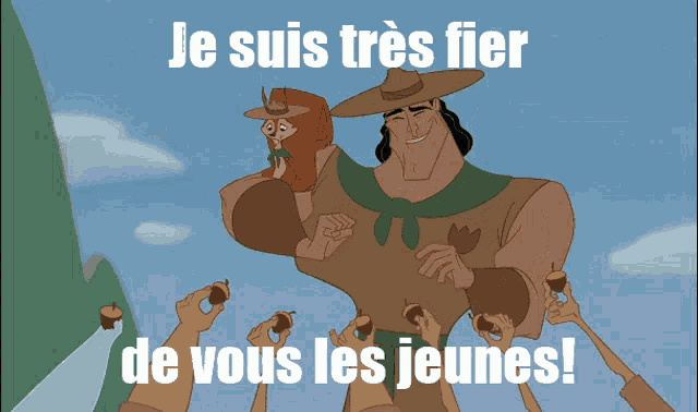 a cartoon of a man with the words je suis tres fier de vous les jeunes on the bottom
