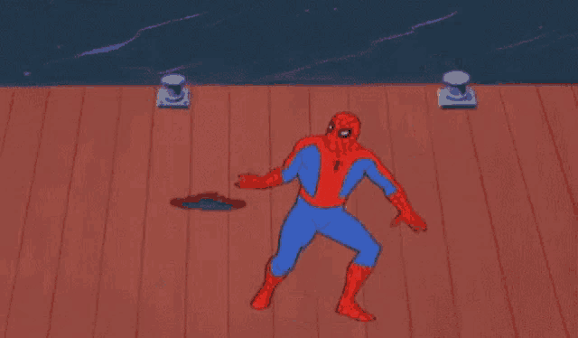 a cartoon of spider-man is fighting a lightning bolt on a wooden floor .