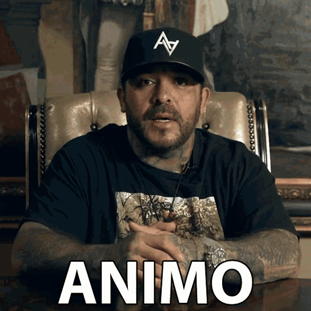 a man sitting in a chair with the word animo on the bottom
