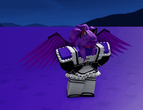 a girl with purple hair and wings is standing in a purple field