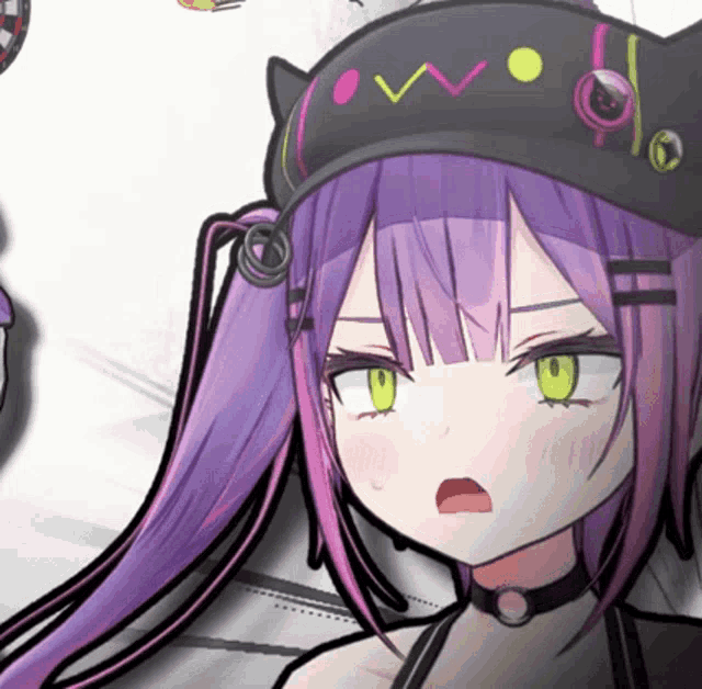 a girl with purple hair and green eyes wearing a black hat