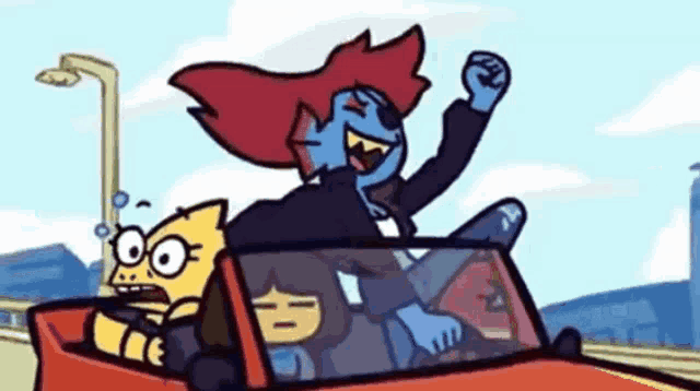 a cartoon character is driving a red car with a cat in the back .