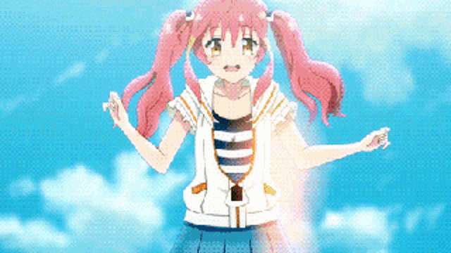 a pixel art of a girl with pink hair and pigtails