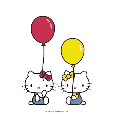 two hello kitty characters are holding balloons .