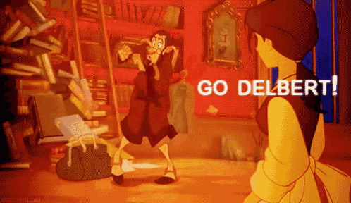 a cartoon of a woman standing next to a man that says " go delbert "