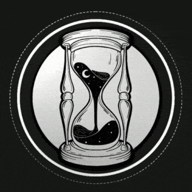 a black and white drawing of an hourglass with a crescent moon in the center