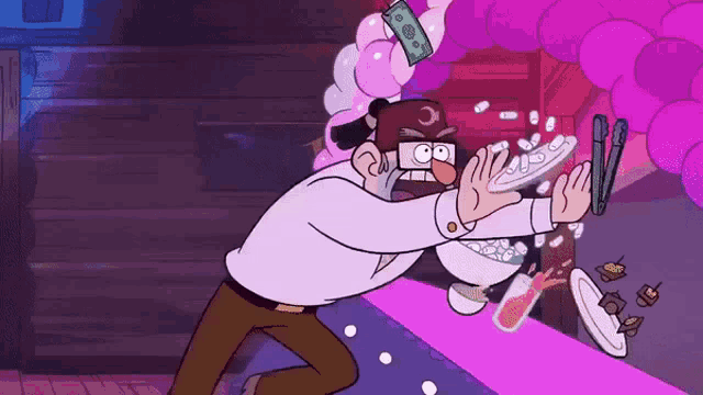 a cartoon character is trying to catch a plate of food with a purple background