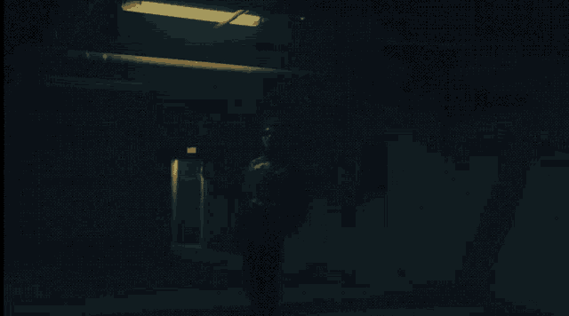 a person is standing in a dark room with a red exit sign