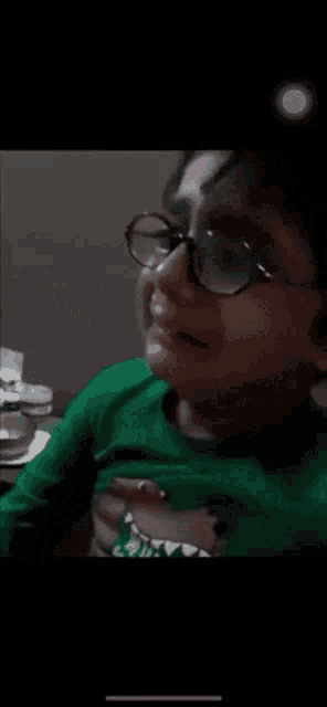 a young boy wearing glasses and a green shirt looks at the camera