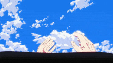 a couple of hands reaching out towards a blue sky with white clouds