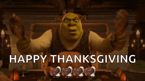 shrek says happy thanksgiving while shrek eats turkey